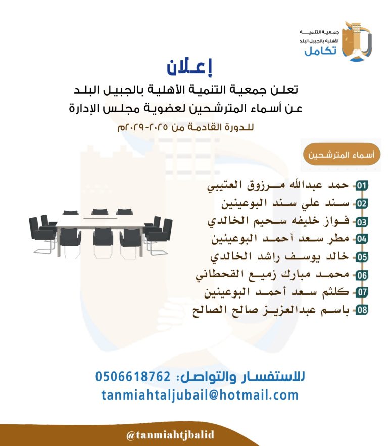 تعلن جمعية التنمية الأهلية بالجبيل البلد عن أسماء المترشحين لعضوية مجلس الإدارة